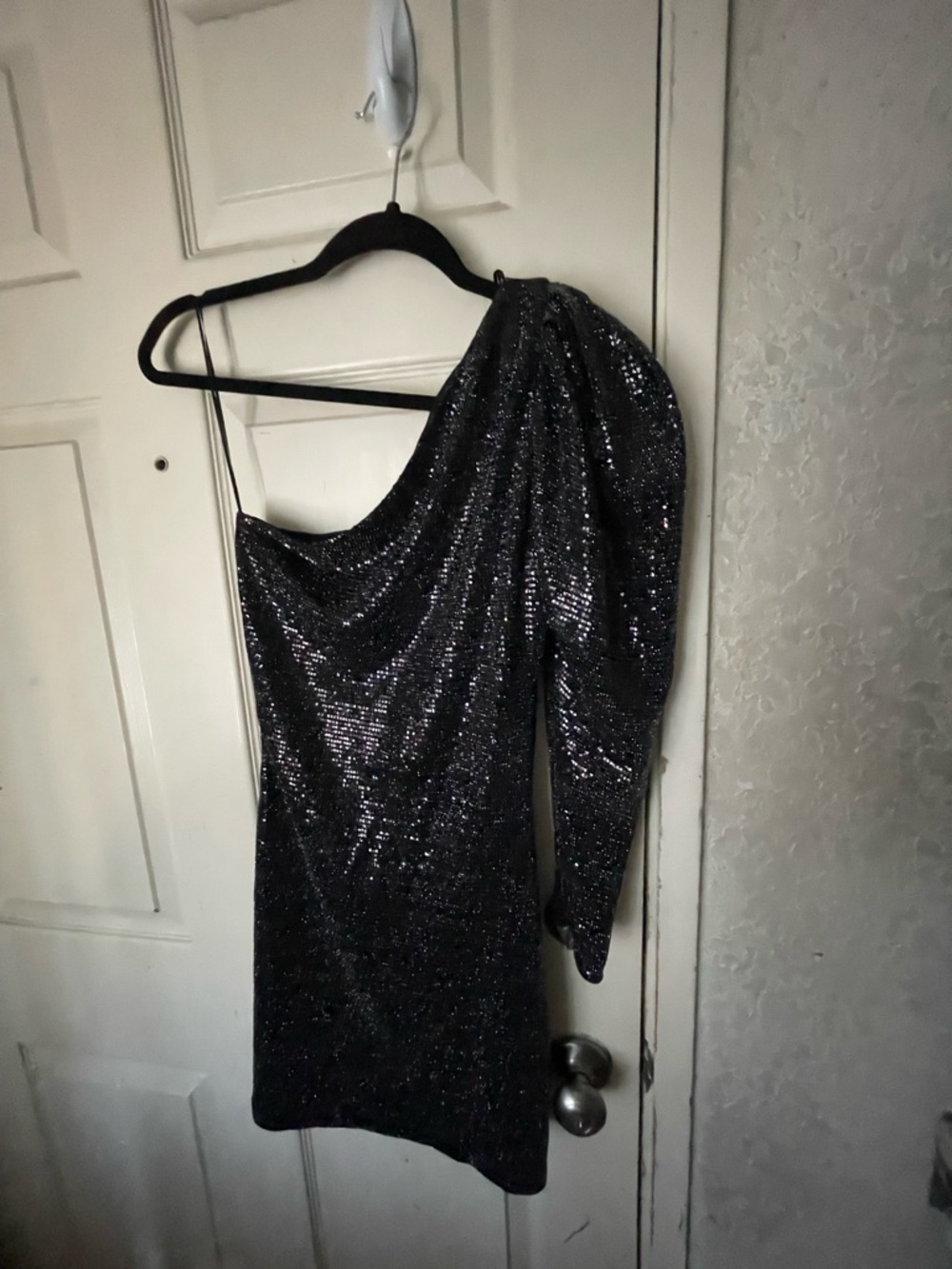 Zara One-Shoulder Sequin Mini Dress in Black SZ XS